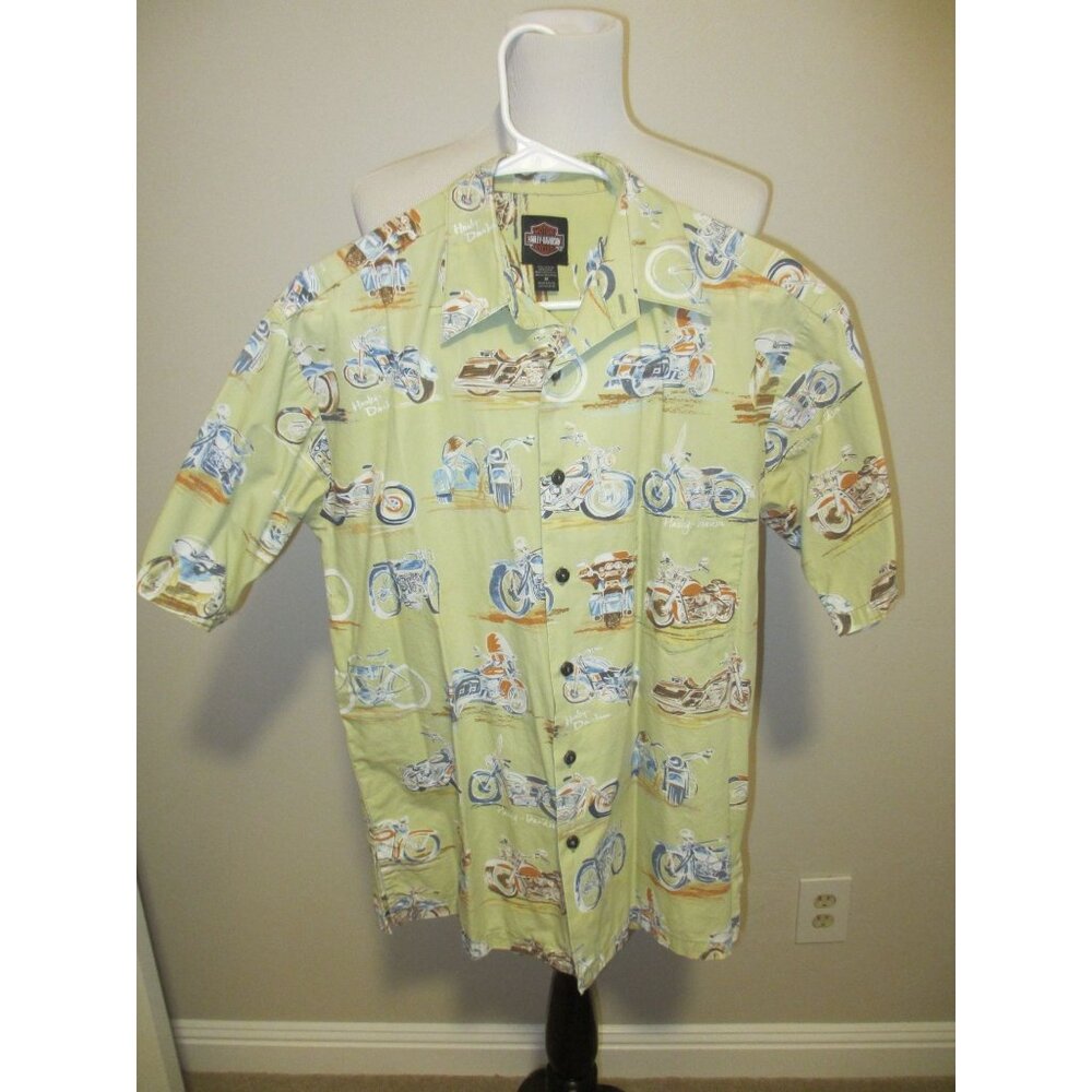 Harley-Davidson Mens Button-Up Shirt With Motorcycle Print Design Cotton Short M